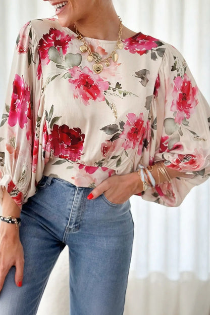 Rose Floral 3/4 Sleeve Lace-up Back Blouse - Chic Meadow Boutique 