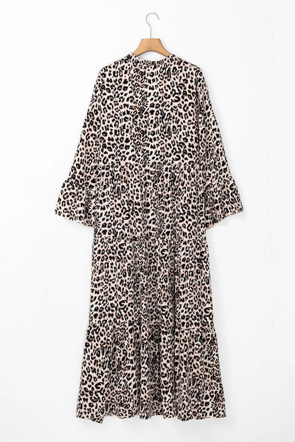 Apricot Leopard Print Tiered Wide Sleeve Maxi Dress - Chic Meadow Boutique 