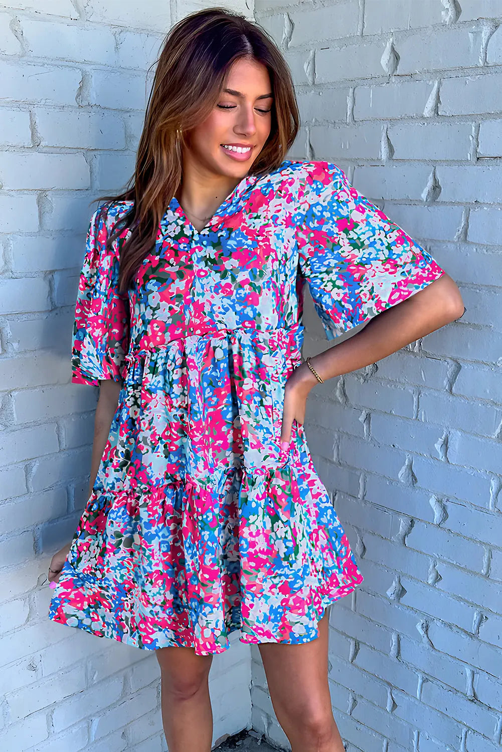 Multicolour Floral Short Sleeve V Neck Tiered Mini Dress - Chic Meadow Boutique 