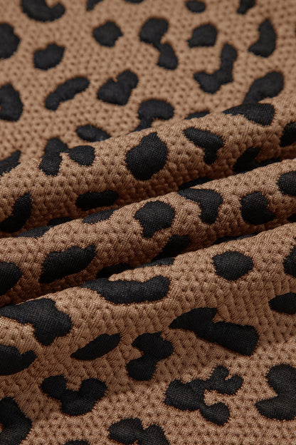 Brown Leopard Print Striped Trim Collar Long Sleeve Shift Pullover