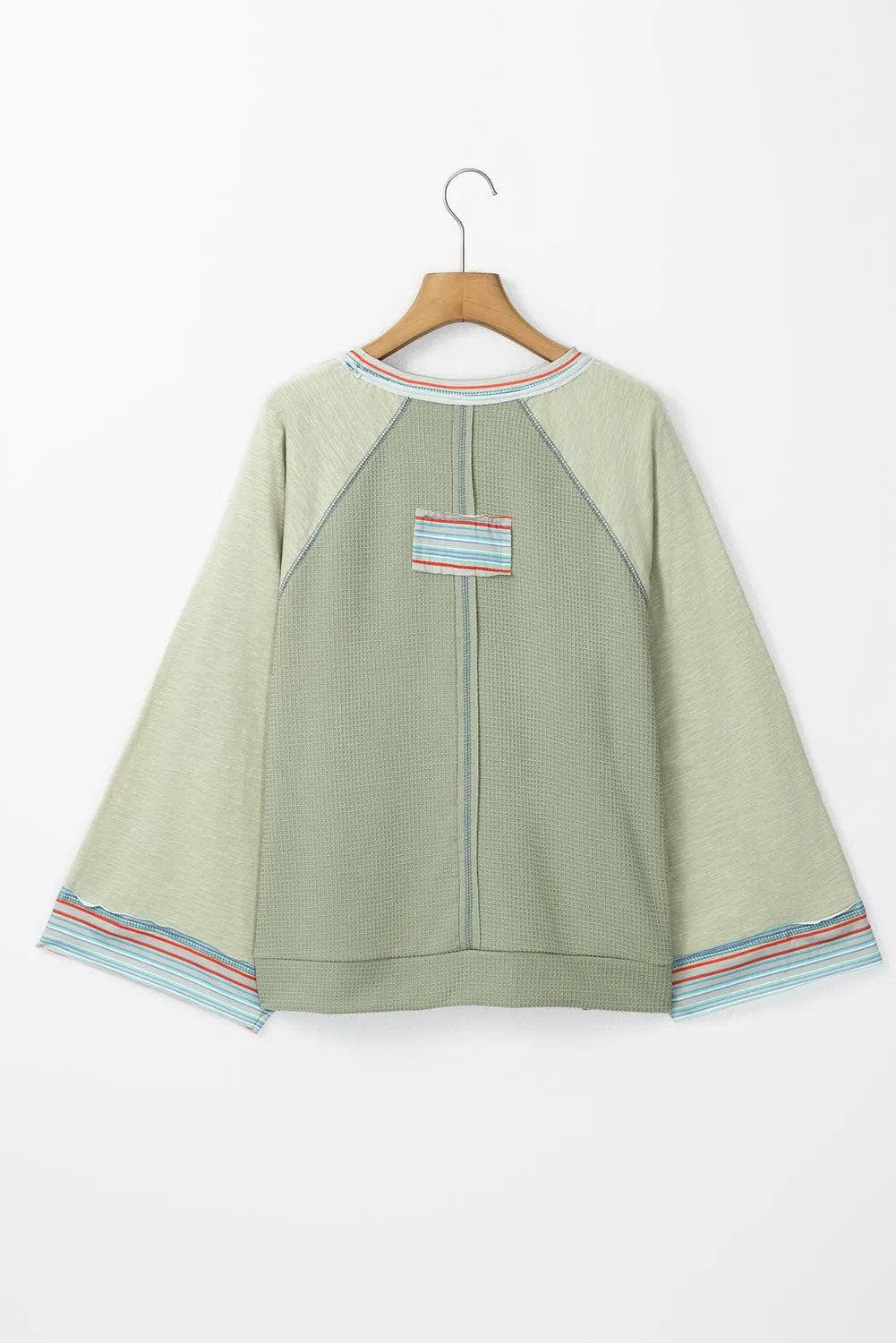 Tops/Long Sleeve Tops Meadow Mist Green Waffle Knit Wide Bracelet Sleeve Patchwork Raglan Top