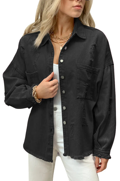 Black Distressed Fringe Trim Denim Jacket - Chic Meadow Boutique 