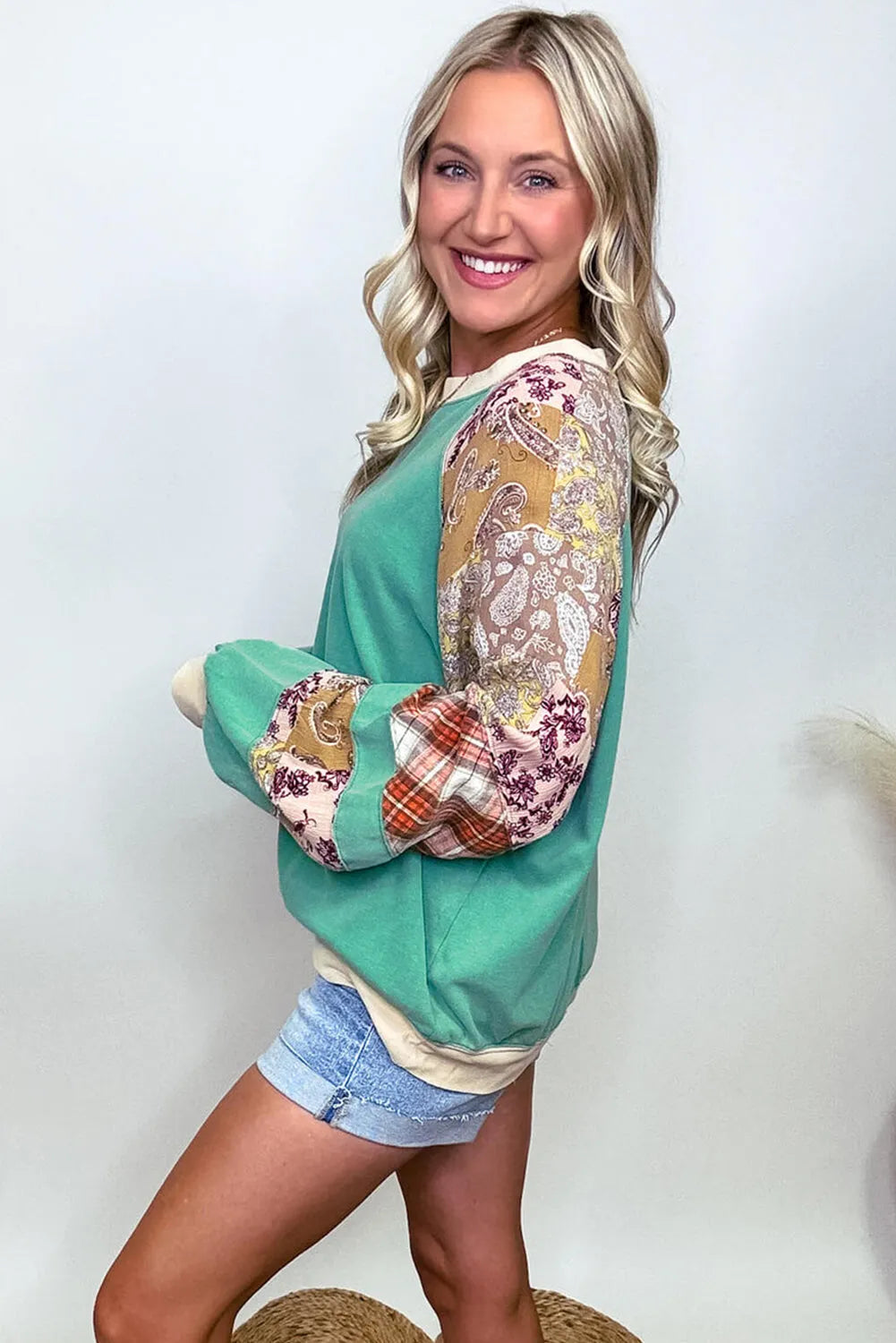 Sky Blue Plus Size Plaid Floral Patchwork Raglan Sleeve Sweatshirt - Chic Meadow Boutique 