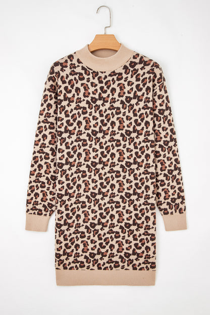 Khaki Leopard Print High Neck Shift Mini Sweater Dress