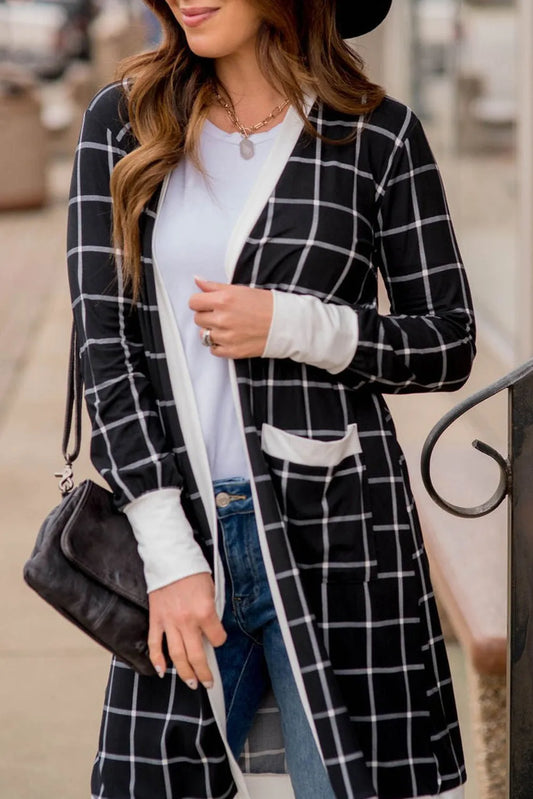 Black Plaid Colorblock Edge Open Cardigan with Pocket - Chic Meadow Boutique 