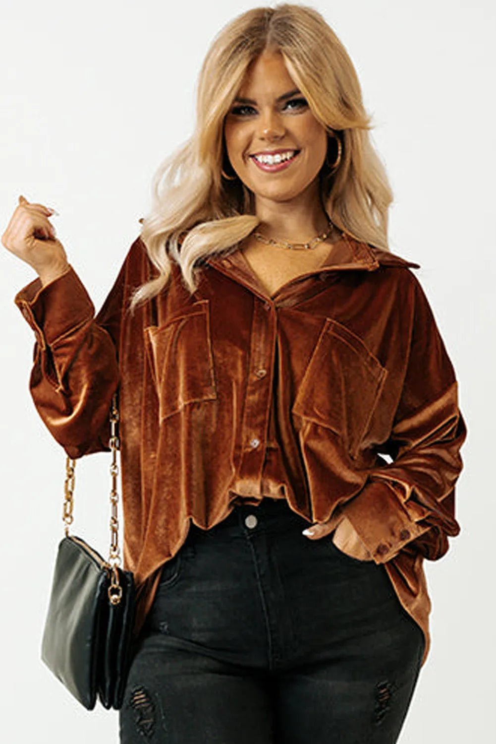 Chestnut Plus Size Velvet Chest Pocket Drop Shoulder Shirt - Chic Meadow Boutique 