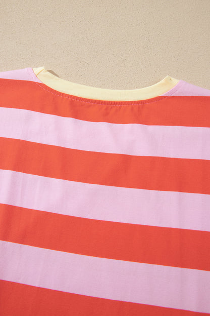 Orange Stripe Cuffed Short Sleeve Pocketed Casual T Shirt Long Dress