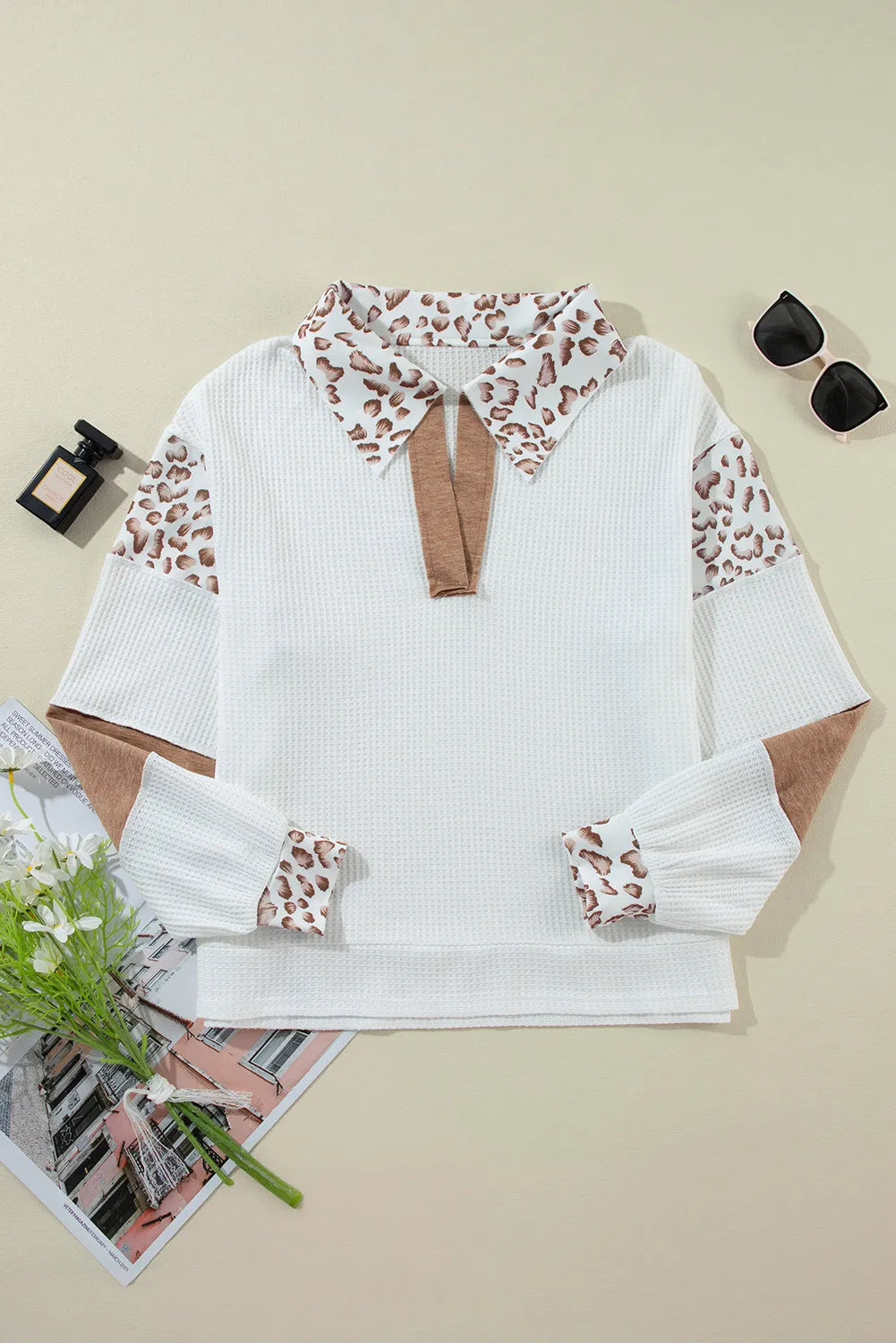 White Leopard Patchwork Turn-down Collar Waffle Top - Chic Meadow Boutique 