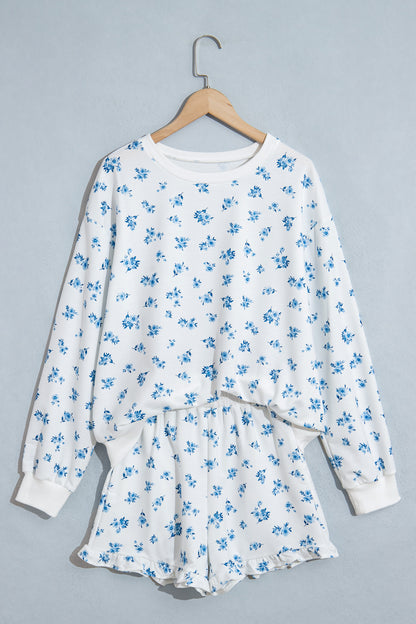 Sky Blue Floral Print Long Sleeve Top Elastic Waist Ruffle Hem Shorts 2pcs Set