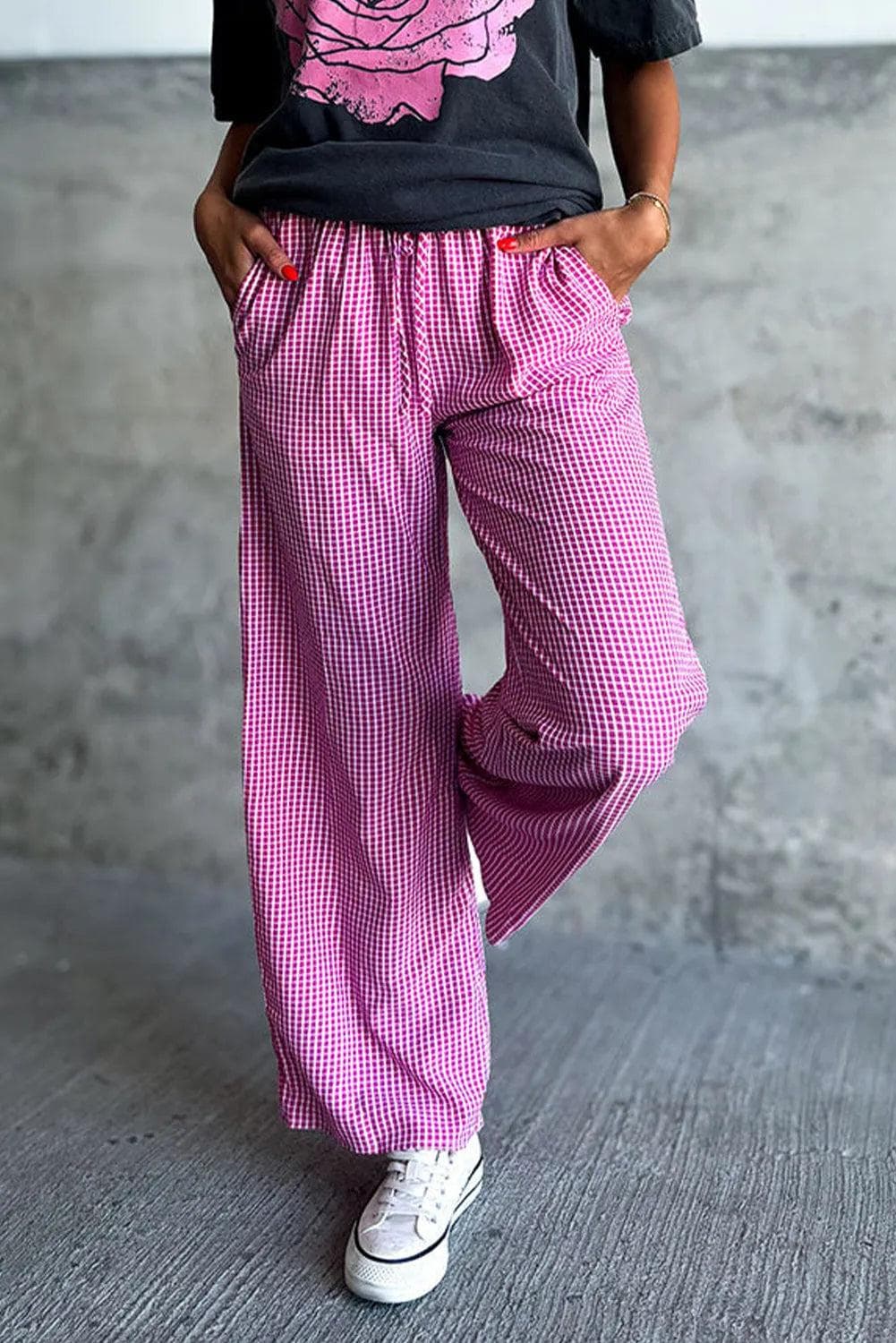 Bottoms/Pants & Culotte Pink Plaid Print Drawstring High Waist Wide Leg Casual Pants