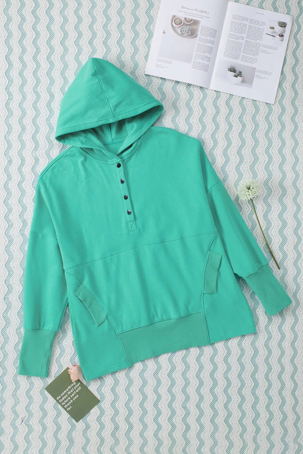 Turquoise Batwing Sleeve Pocketed Henley Hoodie - Chic Meadow Boutique 