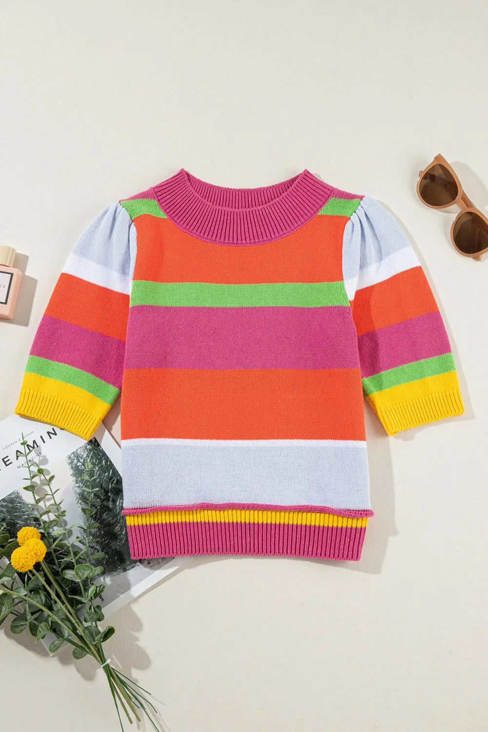 Multicolour Color Block Cropped Short Sleeve Sweater - Chic Meadow Boutique 