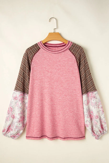 Fushia Mixed Print Patchwork Raglan Ribbed Knit Top - Chic Meadow Boutique 