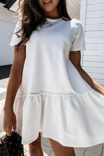 White Frilly Splicing Hem Short Sleeve Casual Dress - Chic Meadow Boutique 