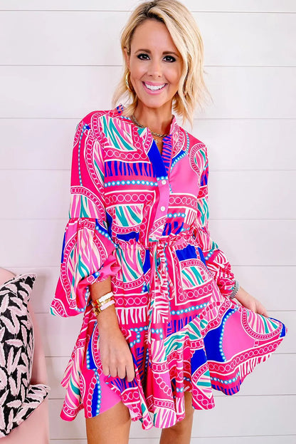 Rose Boho Abstract Printed Puff Sleeve Drawstring Waist Ruffled Mini Dress - Chic Meadow Boutique 