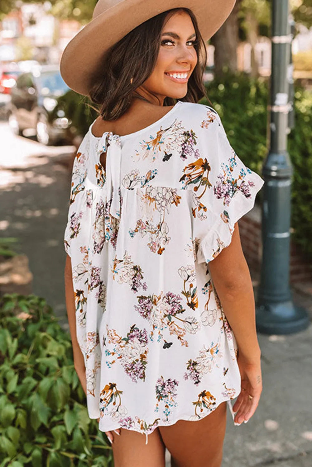 White Floral Ruffled Short Sleeve Back Knot Blouse - Chic Meadow Boutique 