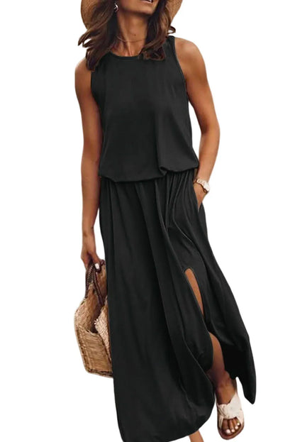 Black Solid Sleeveless Tunic Maxi Dress with Split - Chic Meadow Boutique 