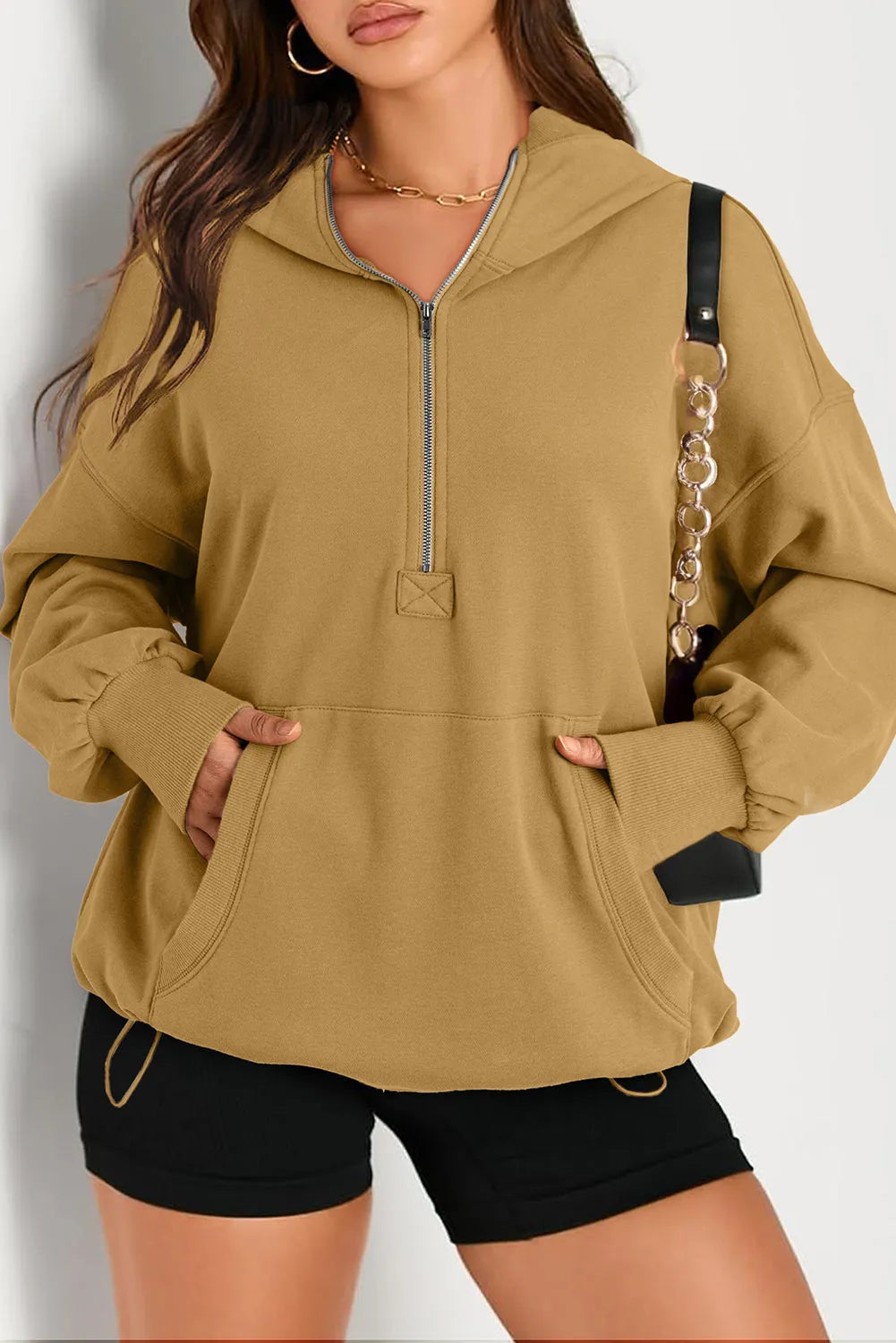 Brown Solid Kangaroo Pocket Half Zipper Oversized Hoodie - Chic Meadow Boutique 