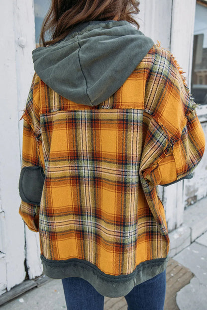 Orange Plaid Patch Hooded Frayed Snap Button Jacket - Chic Meadow Boutique 