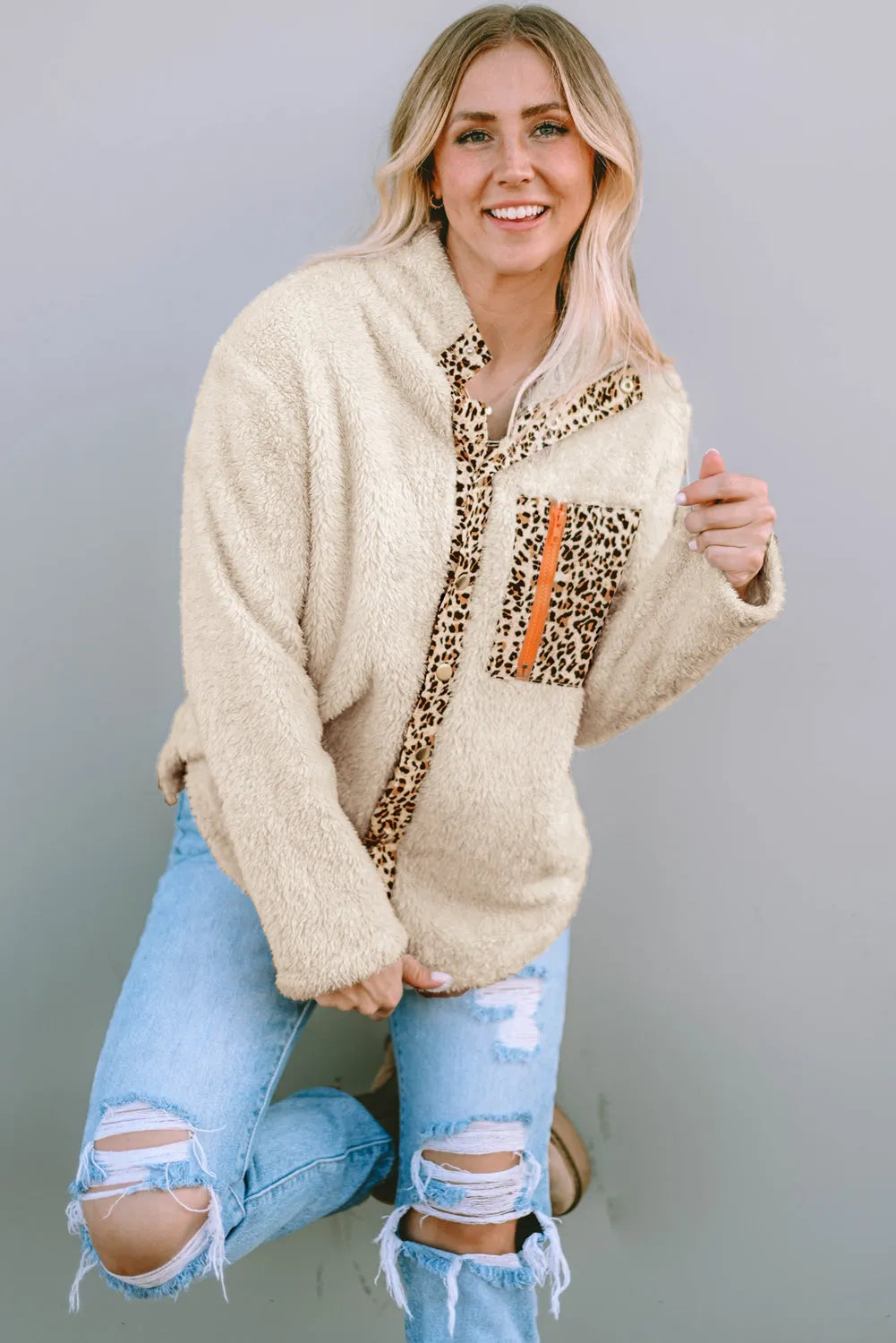 Apricot Leopard Patched Zipped Pocket Fleece Jacket - Chic Meadow Boutique 