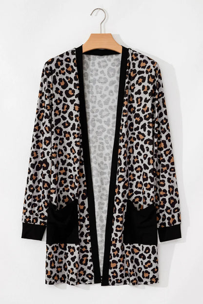 Black Leopard Patched Pocket Open Front Cardigan - Chic Meadow Boutique 