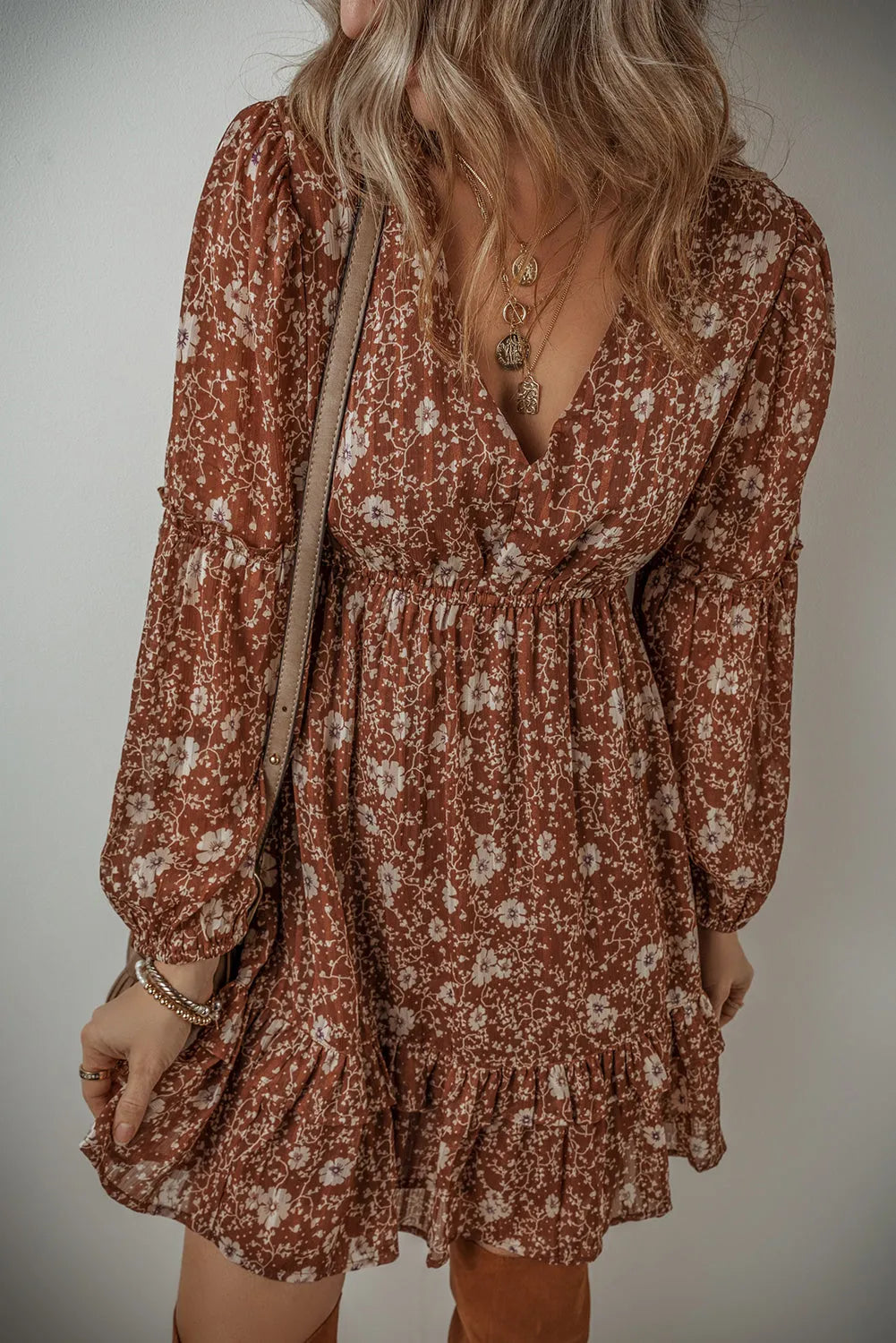 Brown Boho Floral Ruffled Puff Sleeve V Neck Mini Dress - Chic Meadow Boutique 