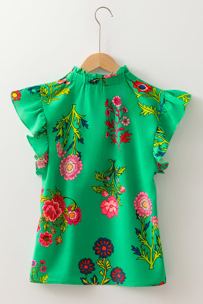 Green Floral Print Flutter Sleeve Frilly Neck Blouse
