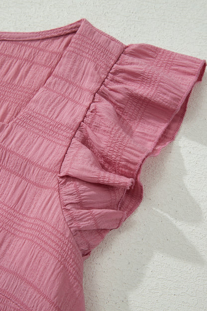 Peach Blossom Textured Square Neck Top and Shirred High Waist Shorts Set