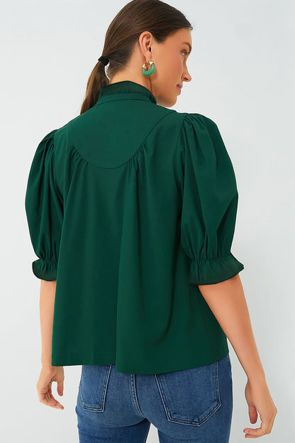 Blackish Green Solid Puff Sleeve Frilled Trim Elegant Blouse