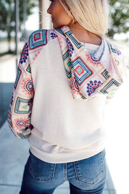 White Geometric Patchwork Raglan Sleeve Henley Hoodie - Chic Meadow Boutique 