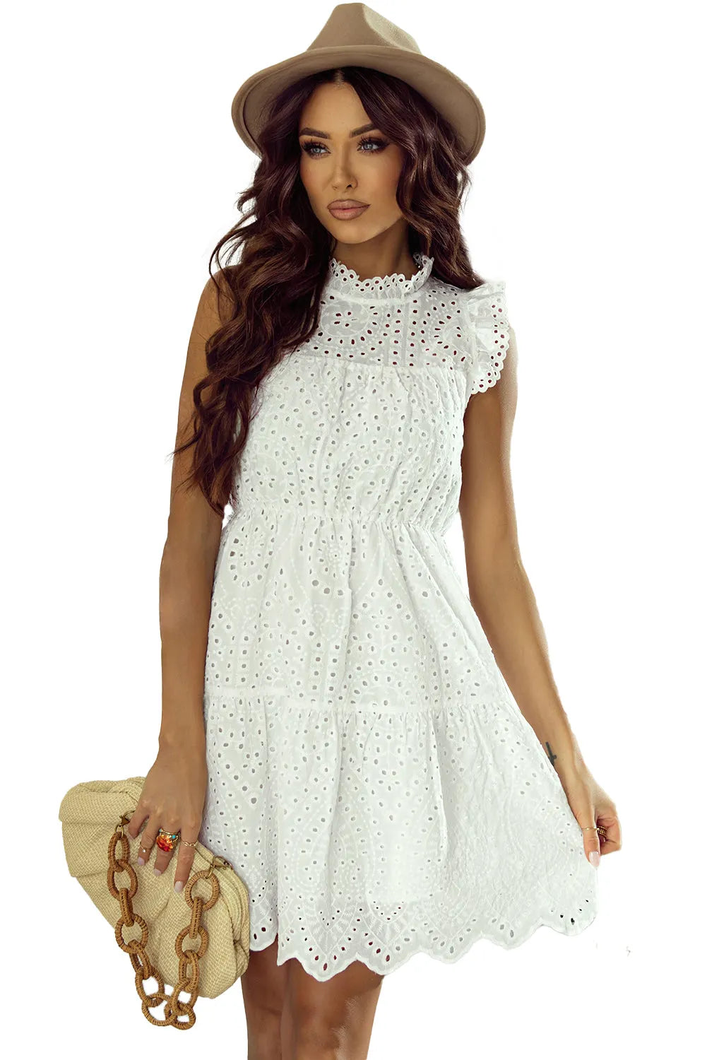 White Elegant Hollowed Flutter A-line Short Dress - Chic Meadow Boutique 