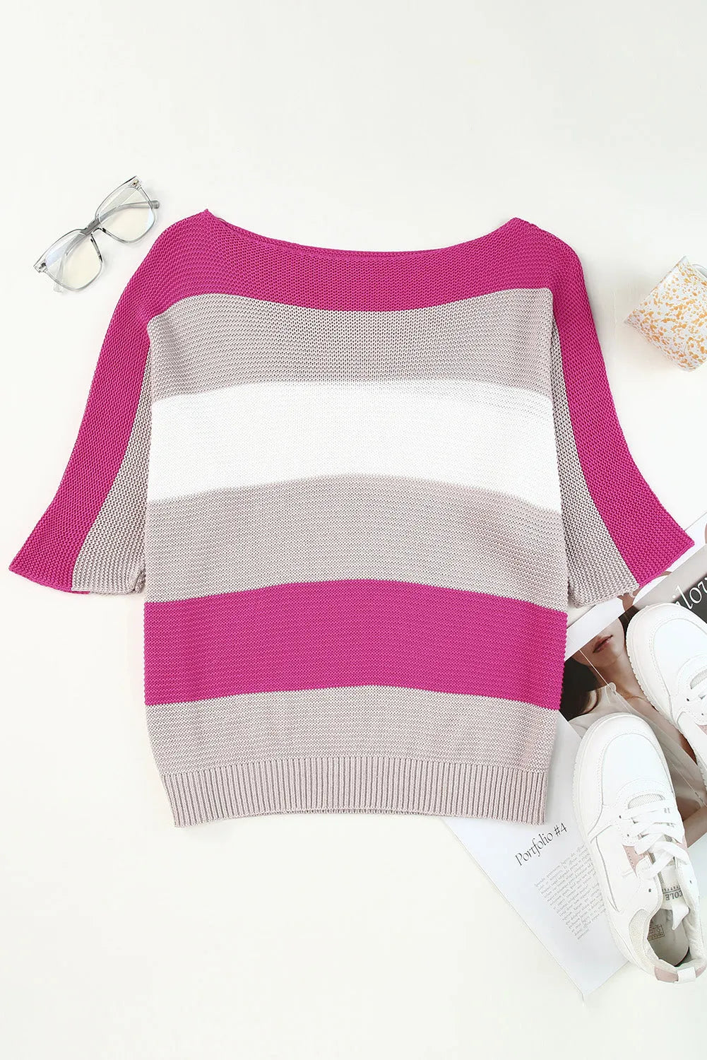 Rose Contrast Stripe Knit Half Sleeve Sweater - Chic Meadow Boutique 