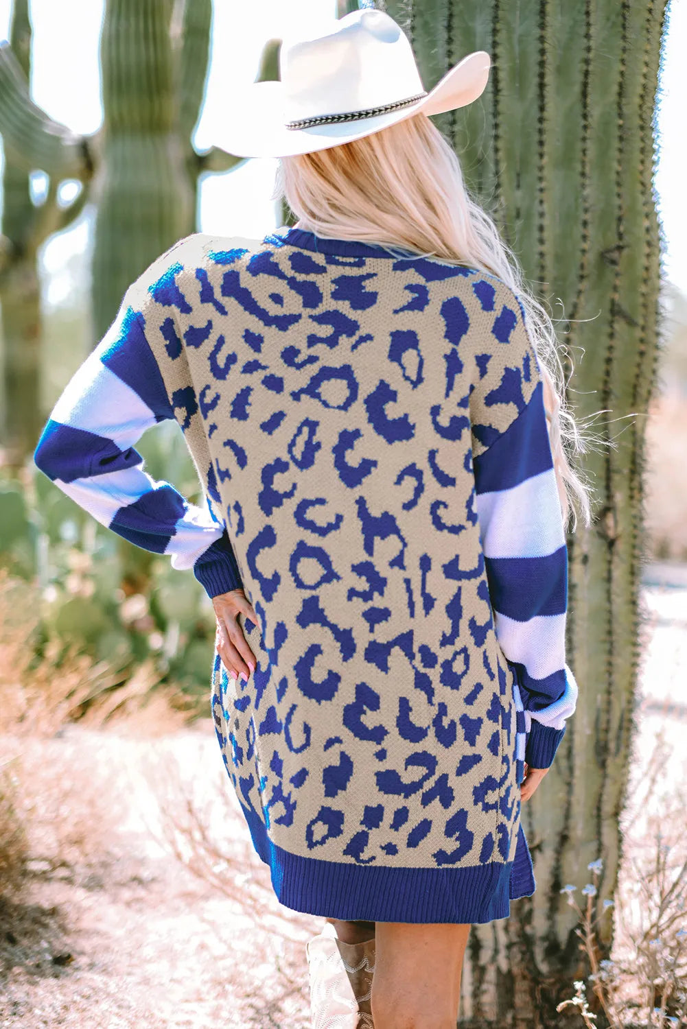 Dark Blue Stripe Sleeve Leopard Print Open Front Cardigan With Pockets - Chic Meadow Boutique 