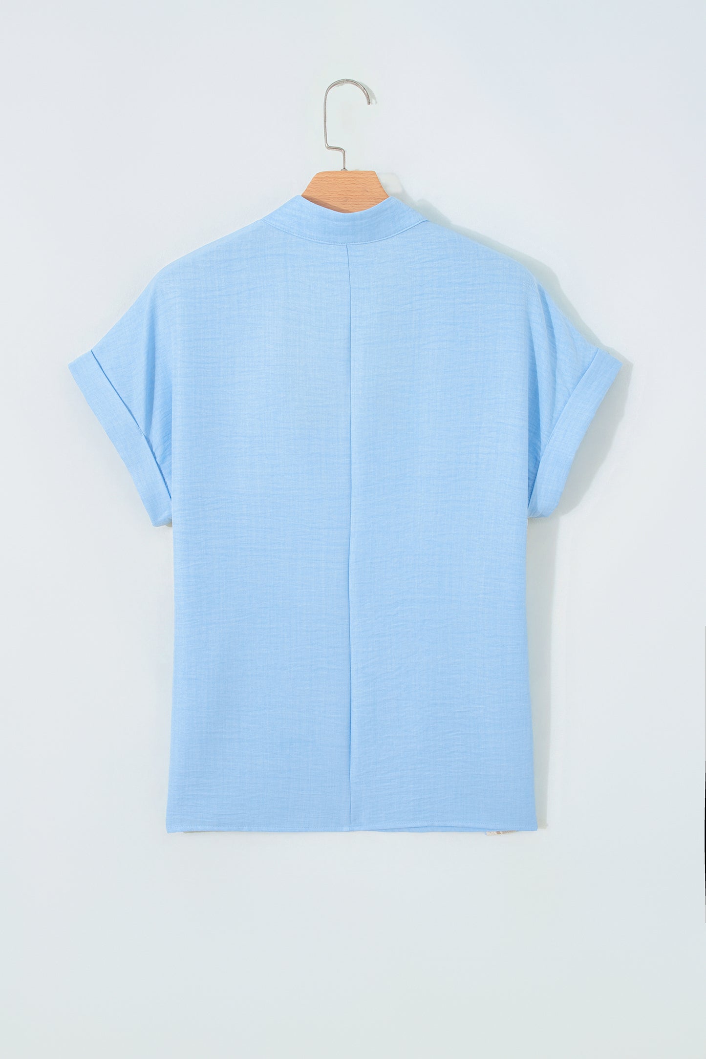 Beau Blue Crochet Lace Accent Pullover Rolled Short Sleeve Blouse