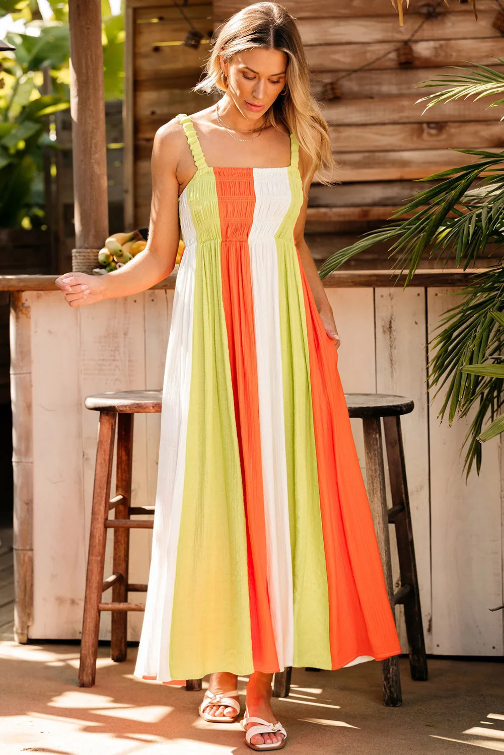 Green Color Block Shirred High Waist Fit and Flare Maxi Dress - Chic Meadow Boutique 