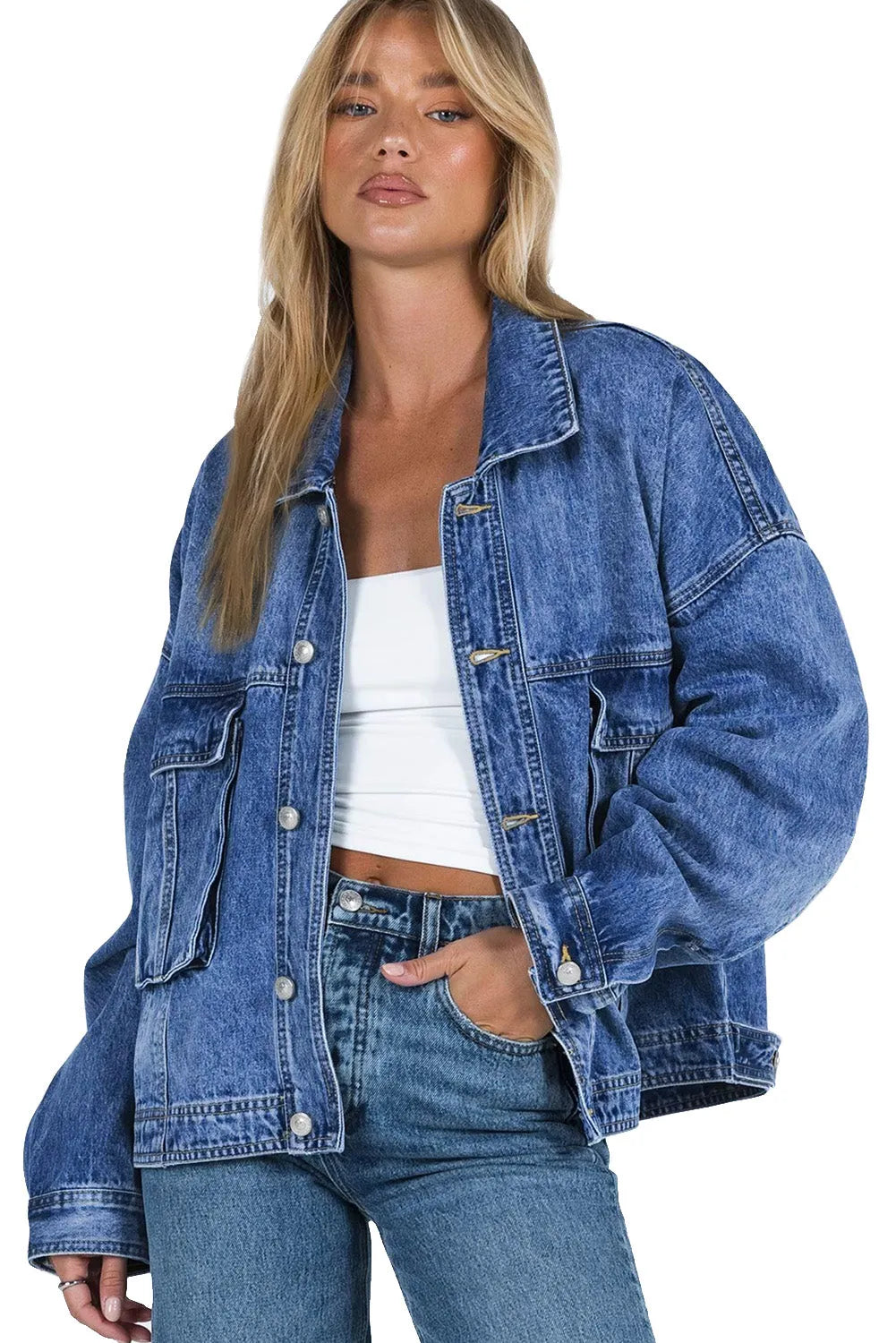 Blue Chest Pockets Drop Shoulder Loose Denim Jacket - Chic Meadow Boutique 