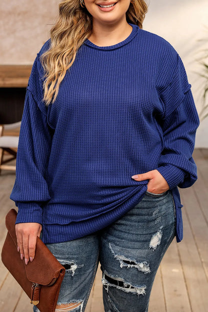 Blue Plus Size Waffle Knit Oversized Exposed Seam Top - Chic Meadow Boutique 