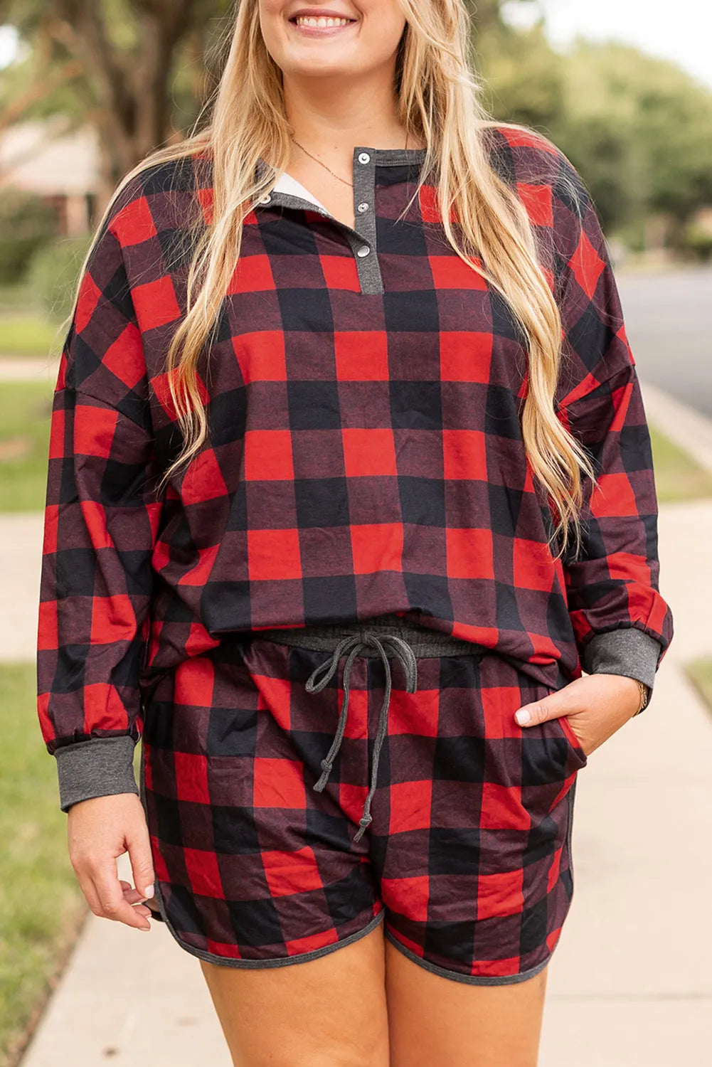 Fiery Red Christmas Buffalo Print Henley Top and Shorts Plus Size Set - Chic Meadow Boutique 