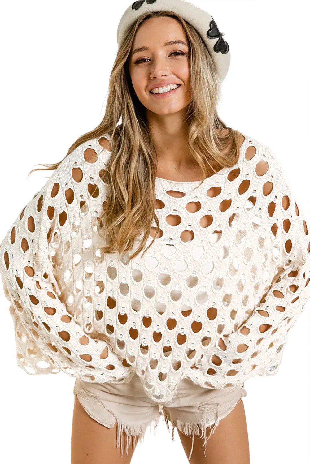 Beige Hollow-out Eyelet Knit Sweater - Chic Meadow Boutique 