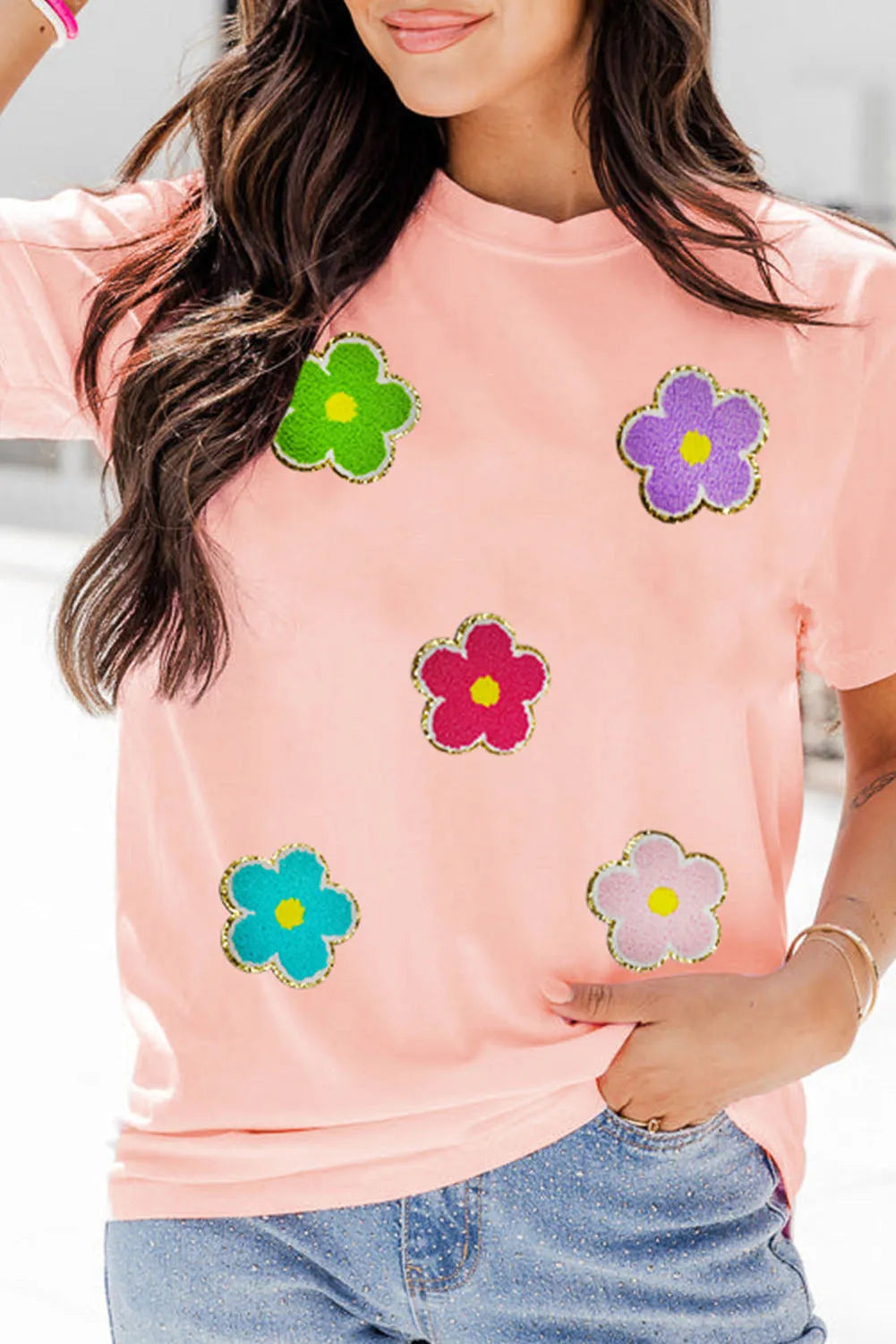 Pink Glittering Chenille Flower Patched Pattern Crewneck T Shirt - Chic Meadow Boutique 