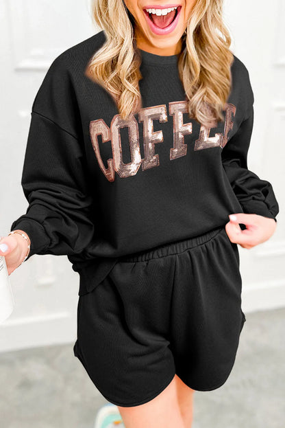 Black Sequined COFFEE Loose Fit Sweatshirt and Shorts Set - Chic Meadow Boutique 