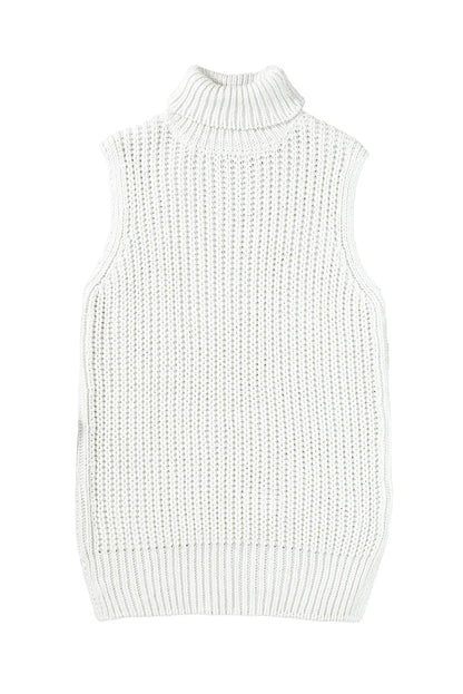 White Turtleneck Knitted Slit Hem Sweater Vest - Chic Meadow Boutique 