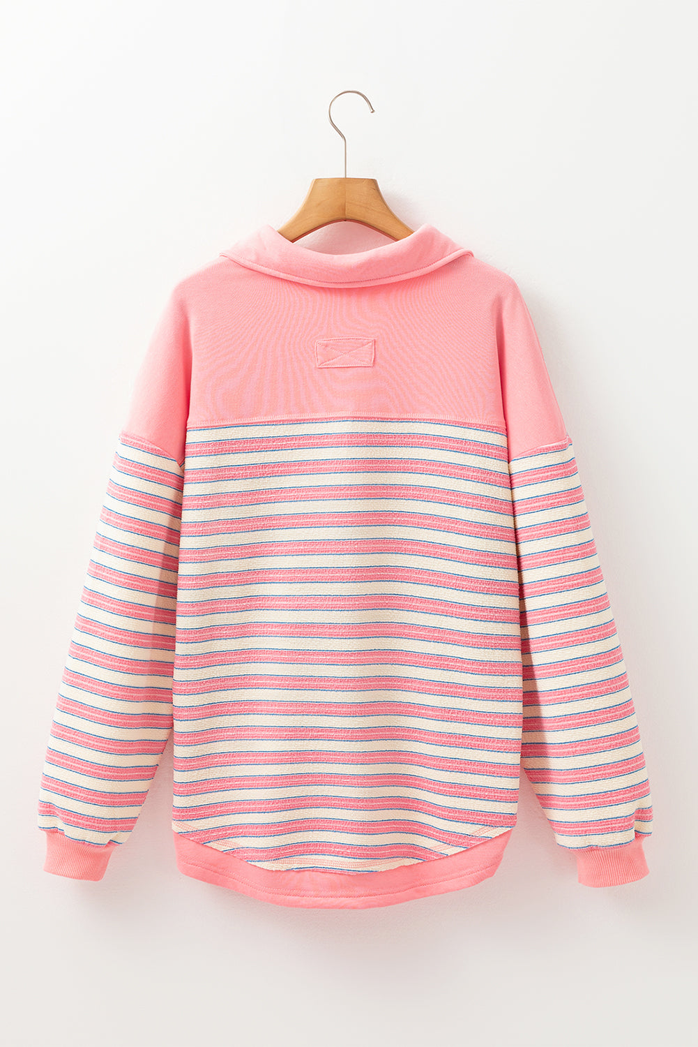 Pink Stripe Buttoned V Neck Collared Drop Shoulder Top