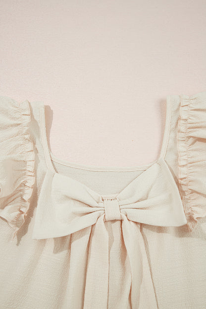 Beige Textured Bow Knot Frilled Butterfly Sleeve Blouse