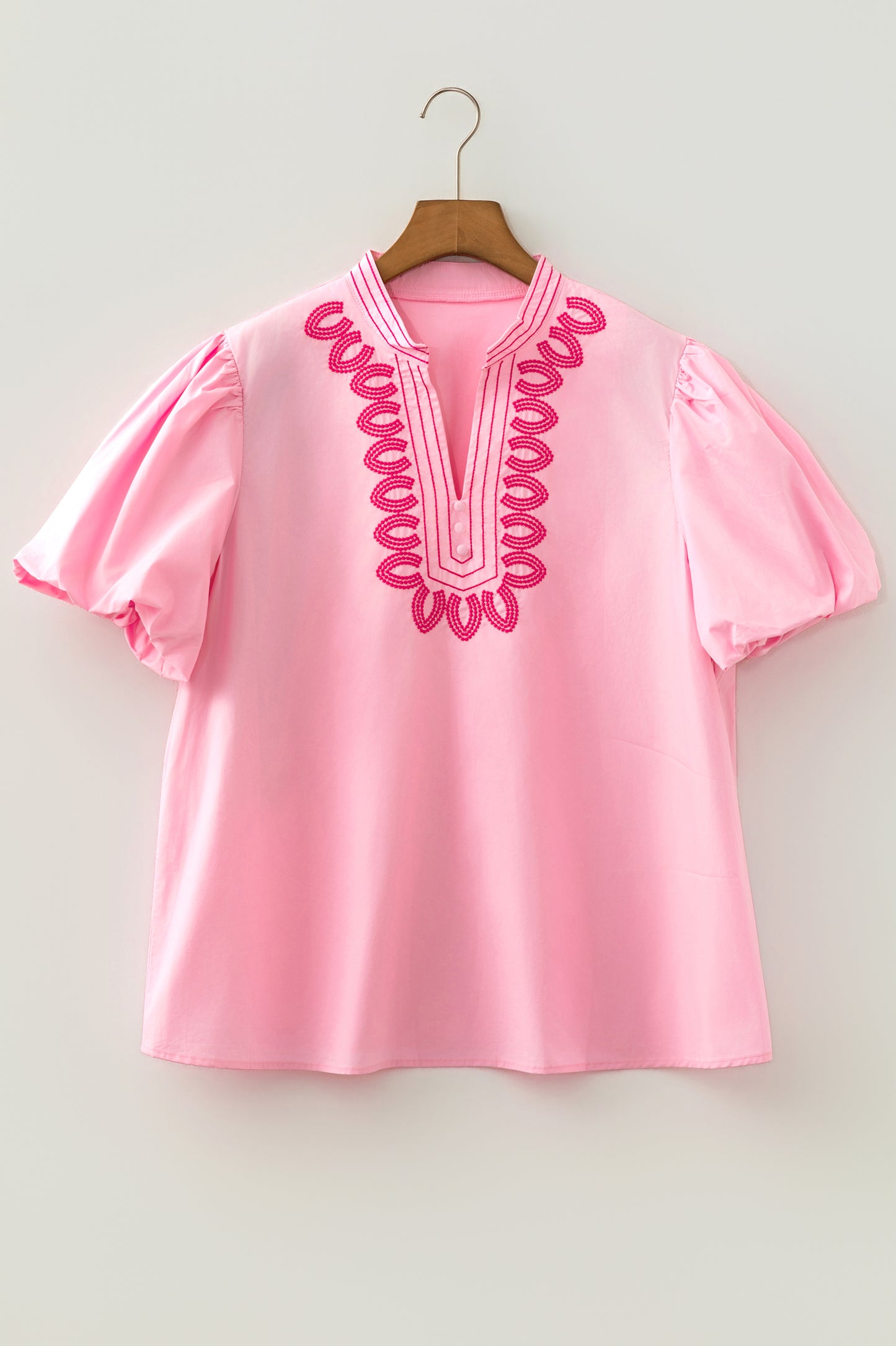 Pink Boho Embroidered Detail Puff Sleeve Cotton Blouse