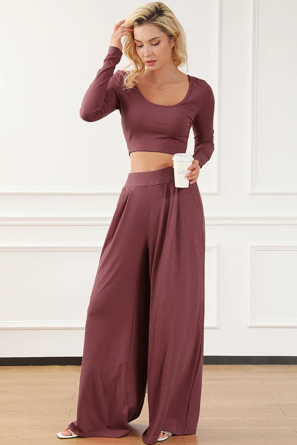 Solid Color Ribbed Crop Top Long Pants Set - Chic Meadow Boutique 