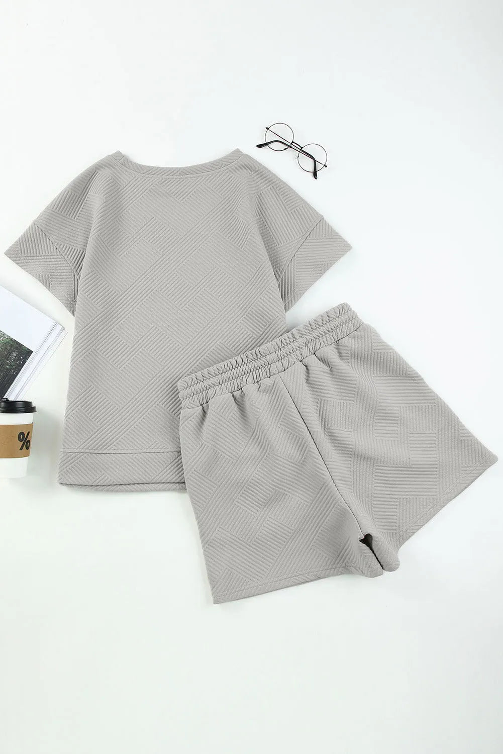 Two Piece Sets/Short Sets Gray 2pcs Solid Textured Drawstring Shorts Set