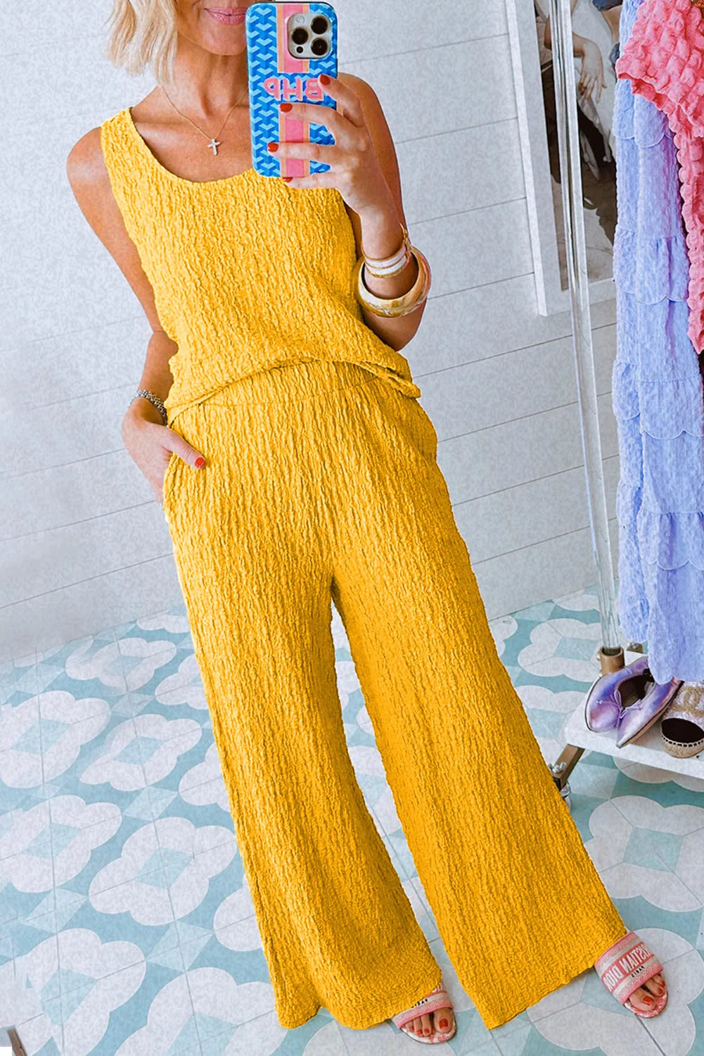 Yellow Crinkled U Neck Tank Top and Wide Leg Pants Set - Chic Meadow Boutique 