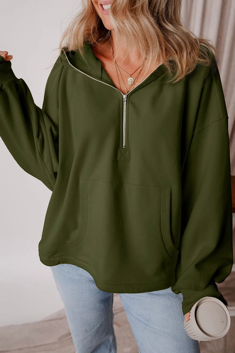 Moss Green Fleece Lined Half Zipper Kangaroo Pockets Loose Hoodie - Chic Meadow Boutique 