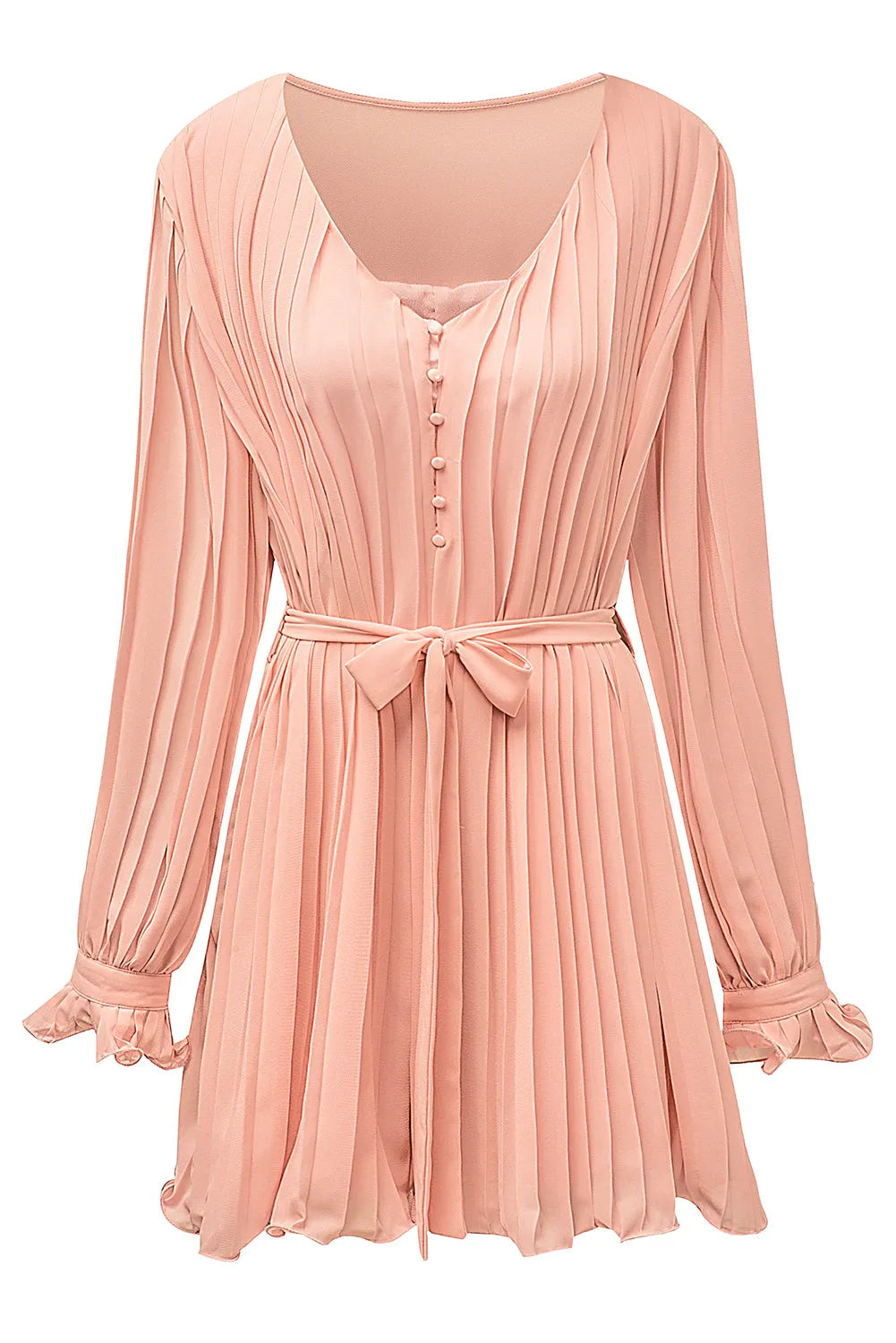 Pink Pleated Ruffled Tie Waist Buttons V Neck Romper - Chic Meadow Boutique 